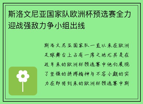 斯洛文尼亚国家队欧洲杯预选赛全力迎战强敌力争小组出线
