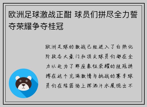 欧洲足球激战正酣 球员们拼尽全力誓夺荣耀争夺桂冠
