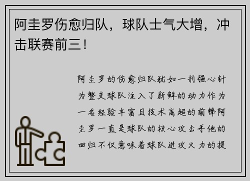 阿圭罗伤愈归队，球队士气大增，冲击联赛前三！
