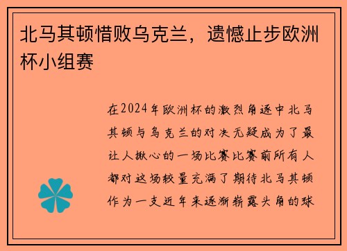 北马其顿惜败乌克兰，遗憾止步欧洲杯小组赛