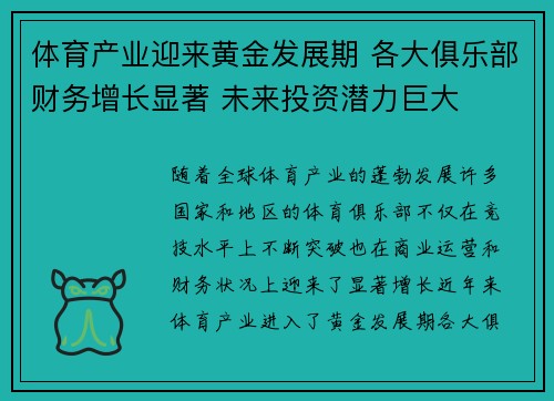 体育产业迎来黄金发展期 各大俱乐部财务增长显著 未来投资潜力巨大