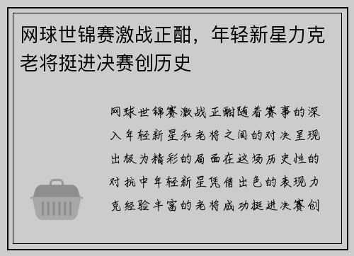 网球世锦赛激战正酣，年轻新星力克老将挺进决赛创历史
